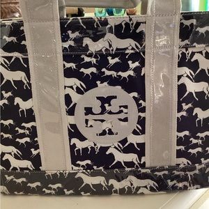 TORY BURCH Tote Bag Large Horse & Dog Print Black & Cream